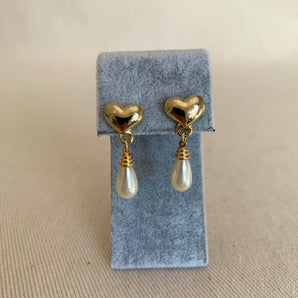 Vintage Heart Pearl Dangle Earrings