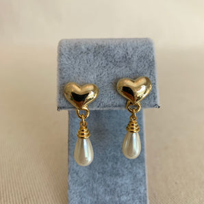 Vintage Heart Pearl Dangle Earrings
